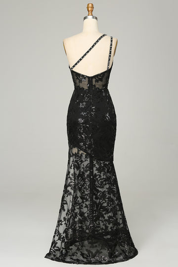 Sheath One Shoulder Backless Black Lace Long Prom Dress